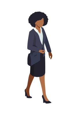 Isometric character of walking dark haired businesswoman in office wear vector illustration