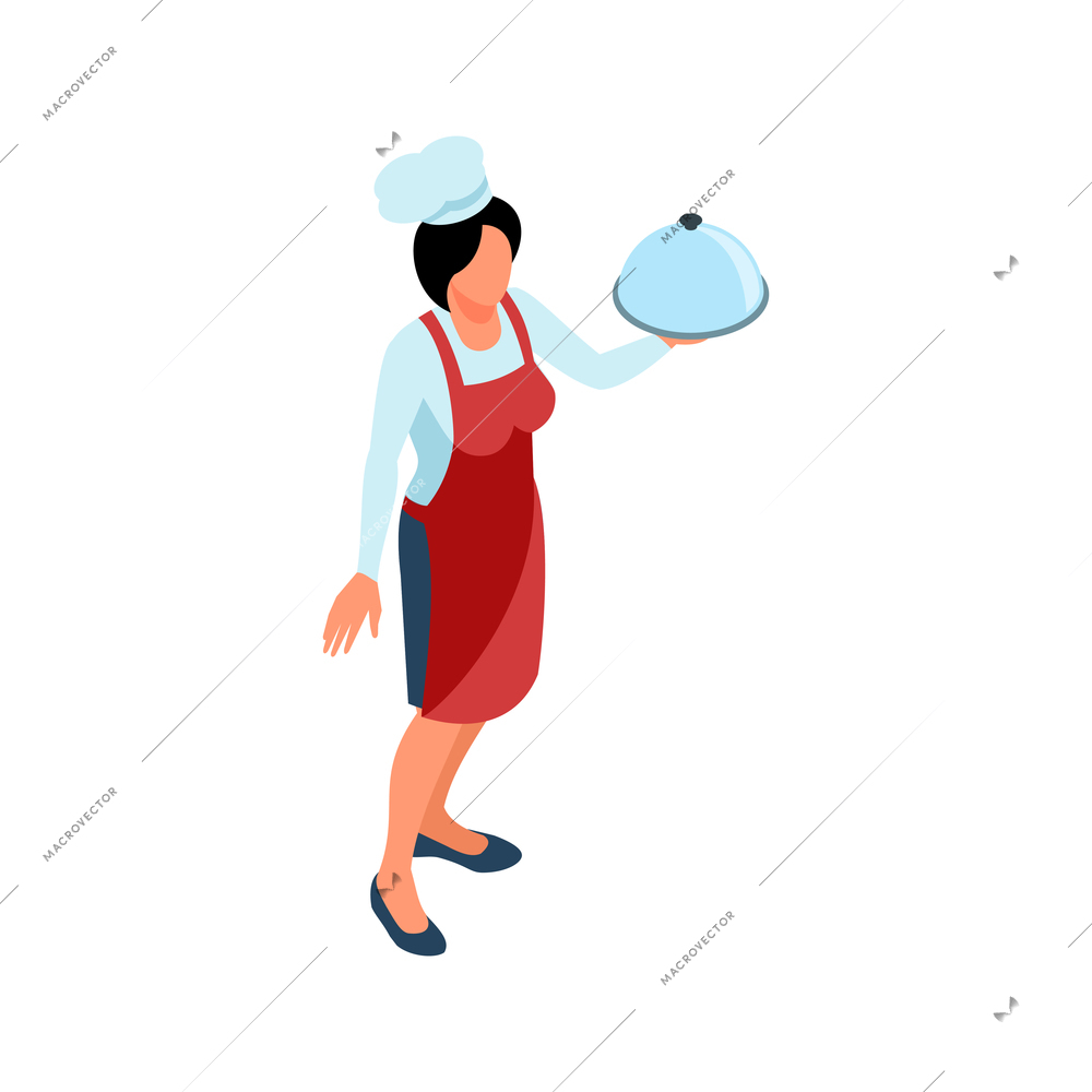 Isometric icon with female character of cook in uniform holding tray and cloche 3d vector illustration