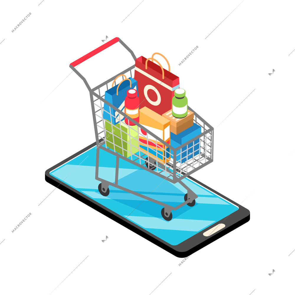Isometric online shopping icon with trolley full of goods on smartphone 3d vector illustration