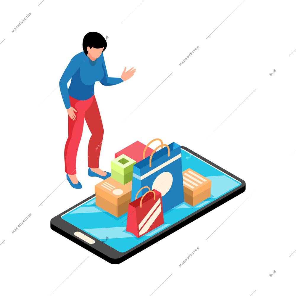 Online store isometric icon with woman character shopping bags and boxes on smartphone screen vector illustration