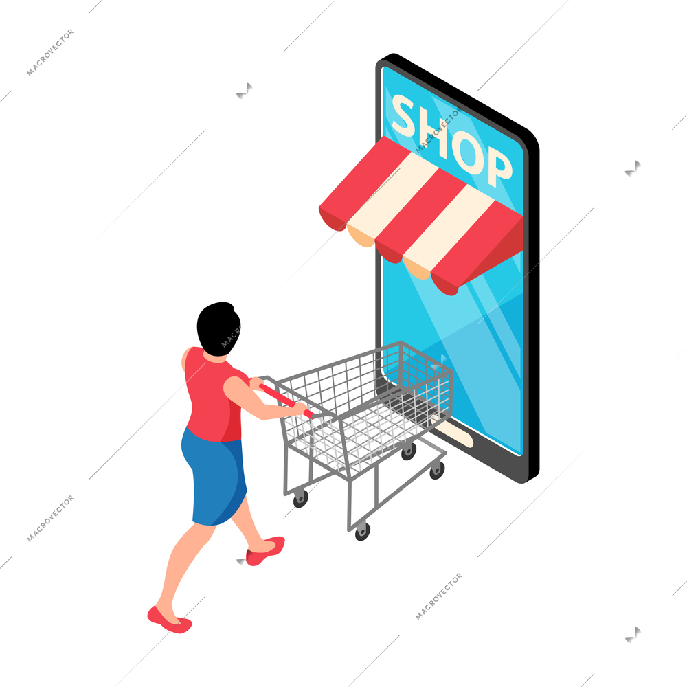 Online shopping isometric concept icon with smartphone and customer with empty trolley 3d vector illustration