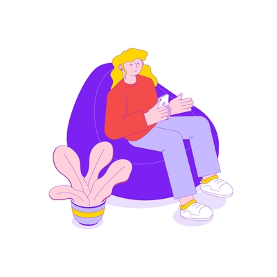 Woman sitting with smartphone in soft armchair 3d isometric vector illustration