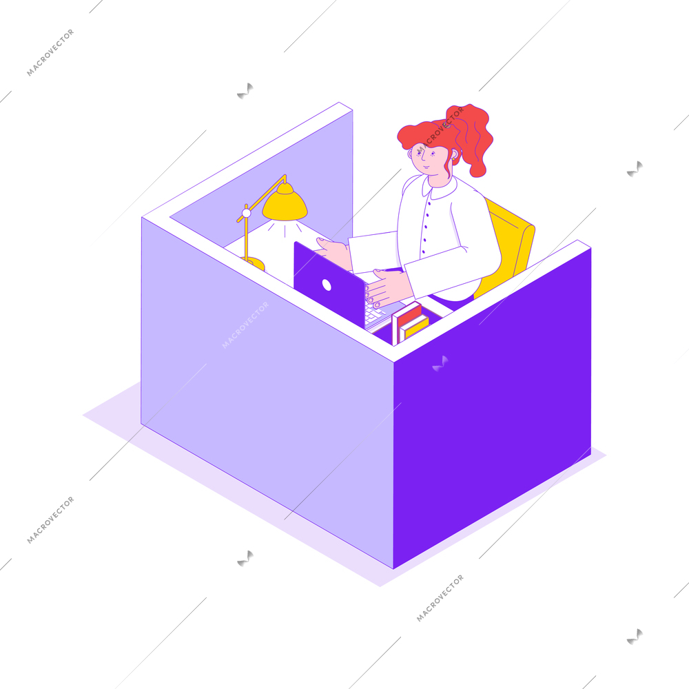 Female office worker at her work place isometric 3d icon in bright colors vector illustration