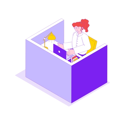 Female office worker at her work place isometric 3d icon in bright colors vector illustration