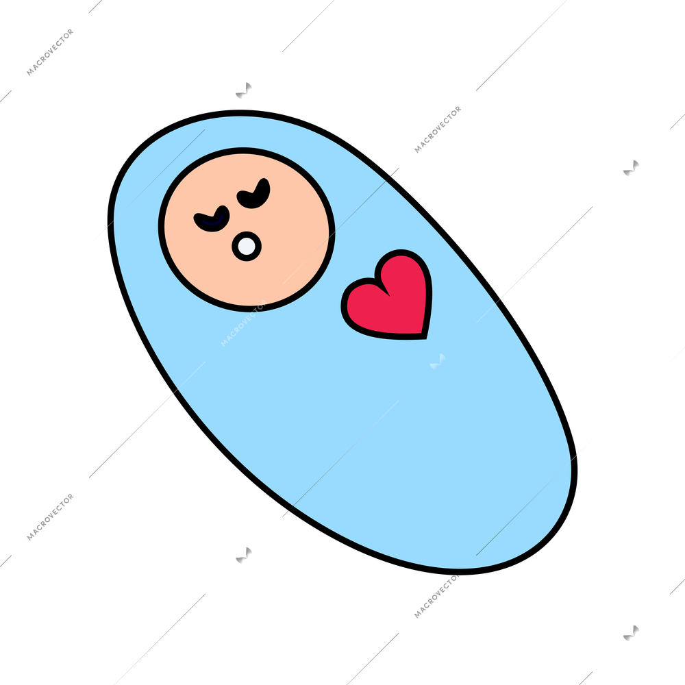 Sleeping wrapped baby with red heart doodle icon vector illustration