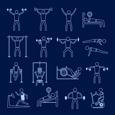 Workout sport and fitness gym training healthy lifestyle icons outline set isolated vector illustration