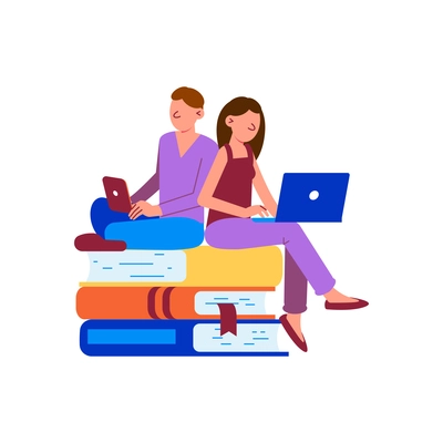 Two people studying online with laptops sitting on stack of books flat vector illustration