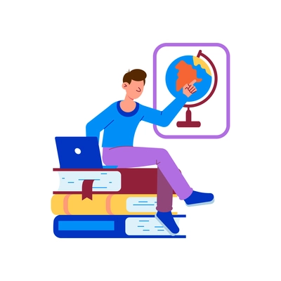 Online education with man laptop and books flat vector illustration