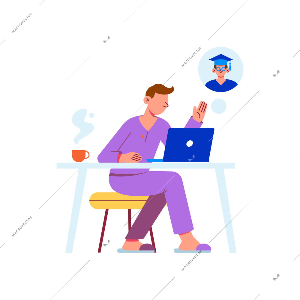 Distant learning flat icon with character studying online at home vector illustration