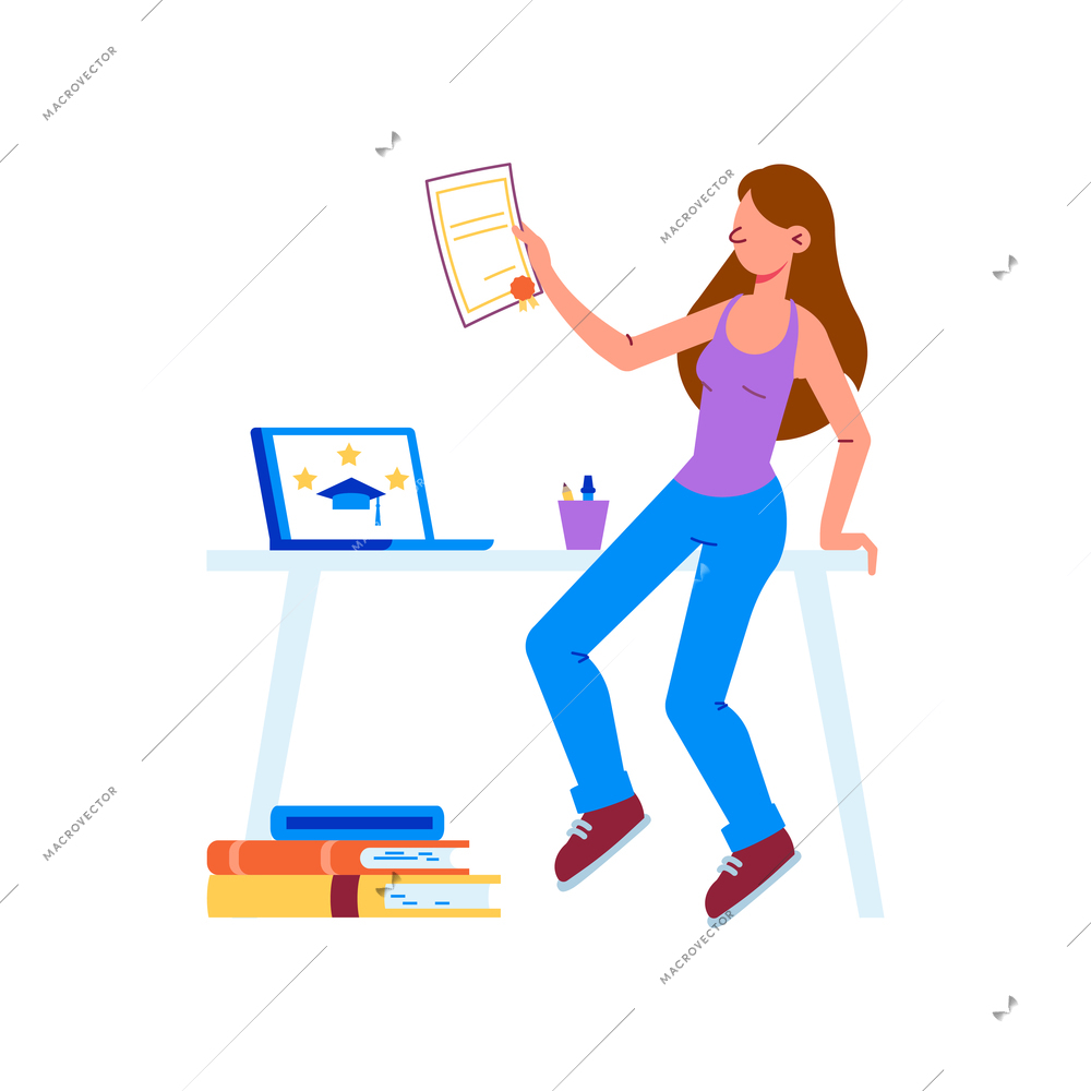 Flat icon with girl getting degree after completing online courses university education vector illustration