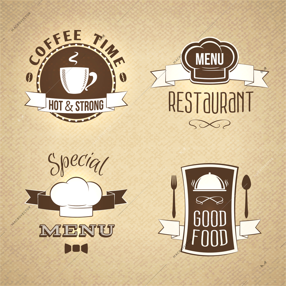 Restaurant menu strong coffee emblems on textured background set isolated vector illustration.