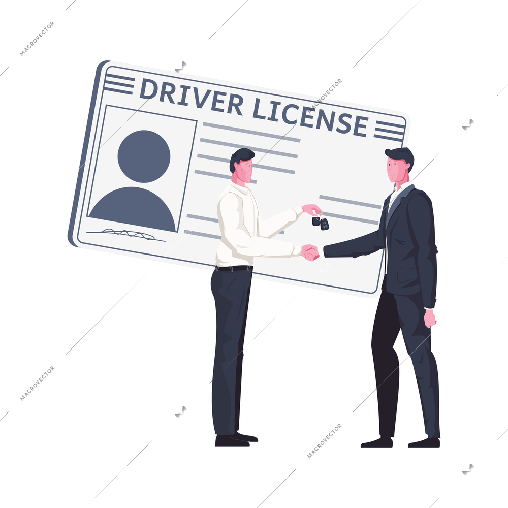 Flat composition with driving license card and two male characters vector illustration