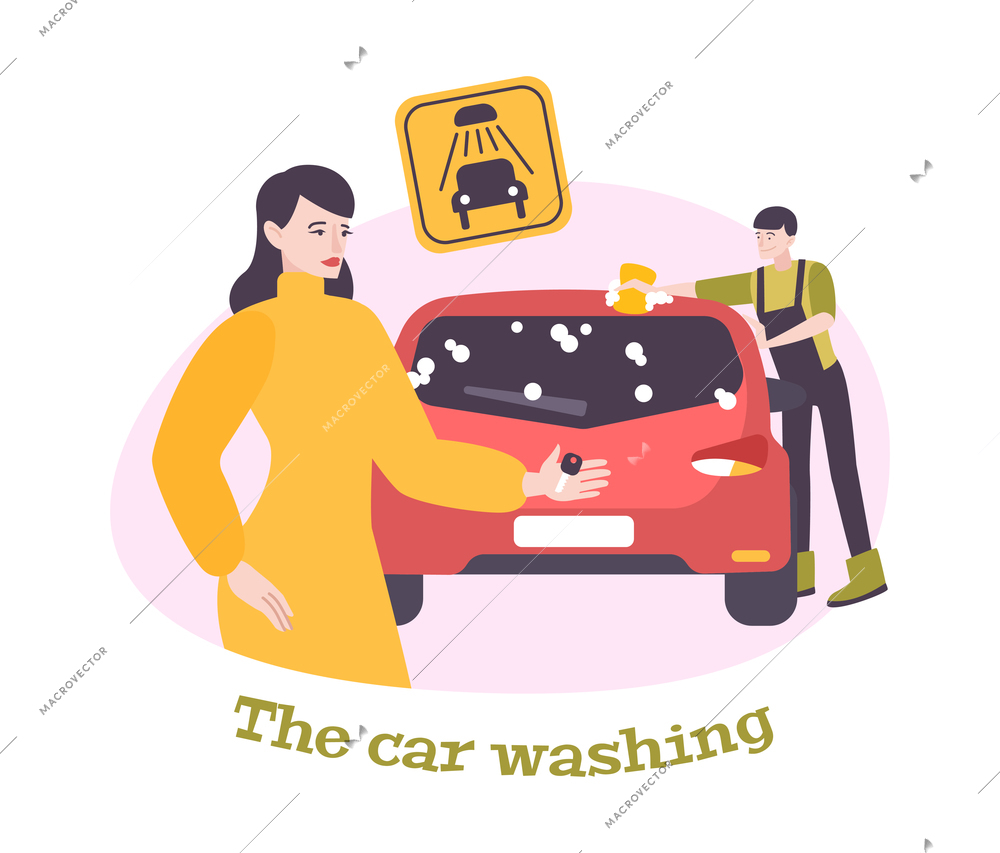 Car washing flat composition with female car owner and worker vector illustration