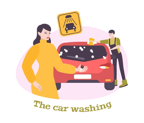 Car washing flat composition with female car owner and worker vector illustration