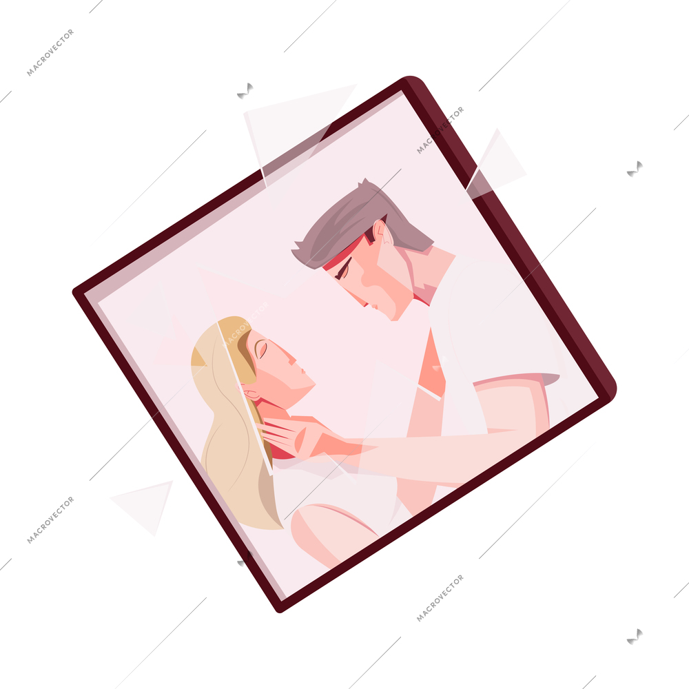 Flat icon with photo of two lovers with broken glass frame vector illustration