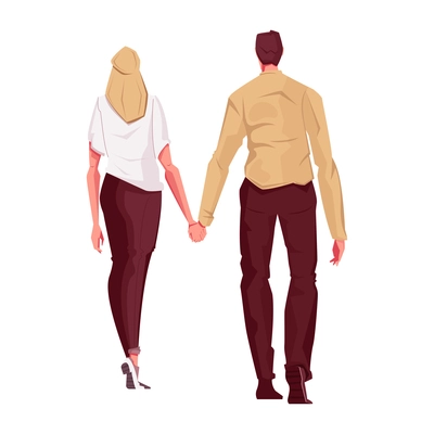 Couple of loving people holding hands back view flat vector illustration