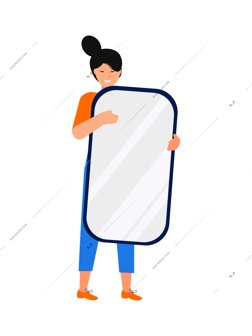 Young woman holding big mirror flat vector illustration