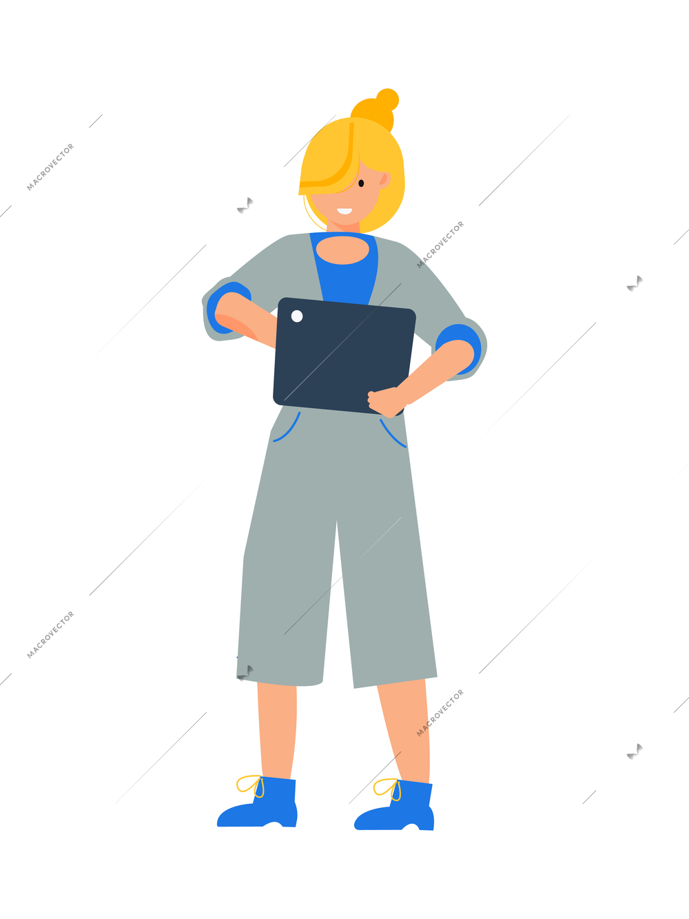 Flat character of smiling woman using electronic tablet vector illustration