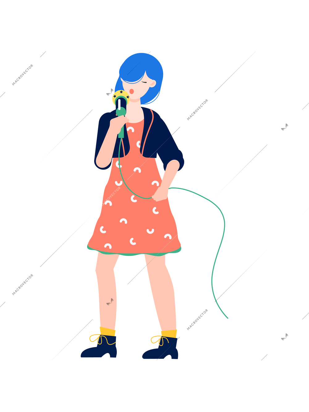 Pop singer performing on stage with microphone flat vector illustration