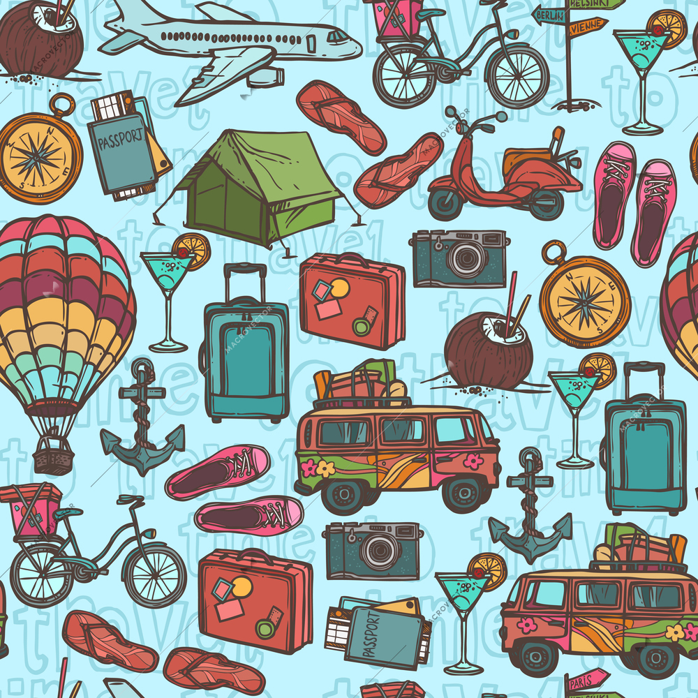 Travel holiday vacation sketch seamless pattern with tourism elements vector illustration