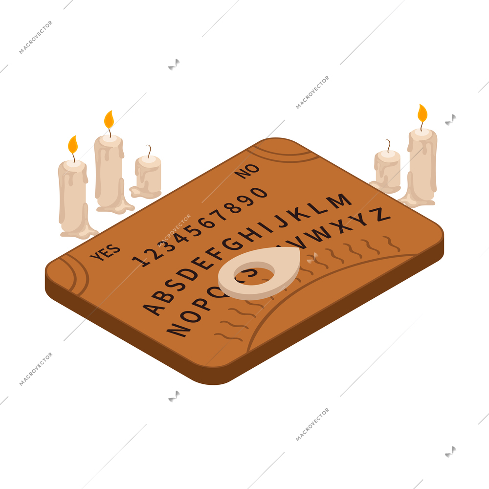 Isometric ouija board and wax candles for occult session 3d vector illustration