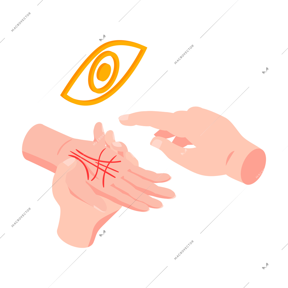 Isometric icon with palm reader hands telling fortune 3d vector illustration