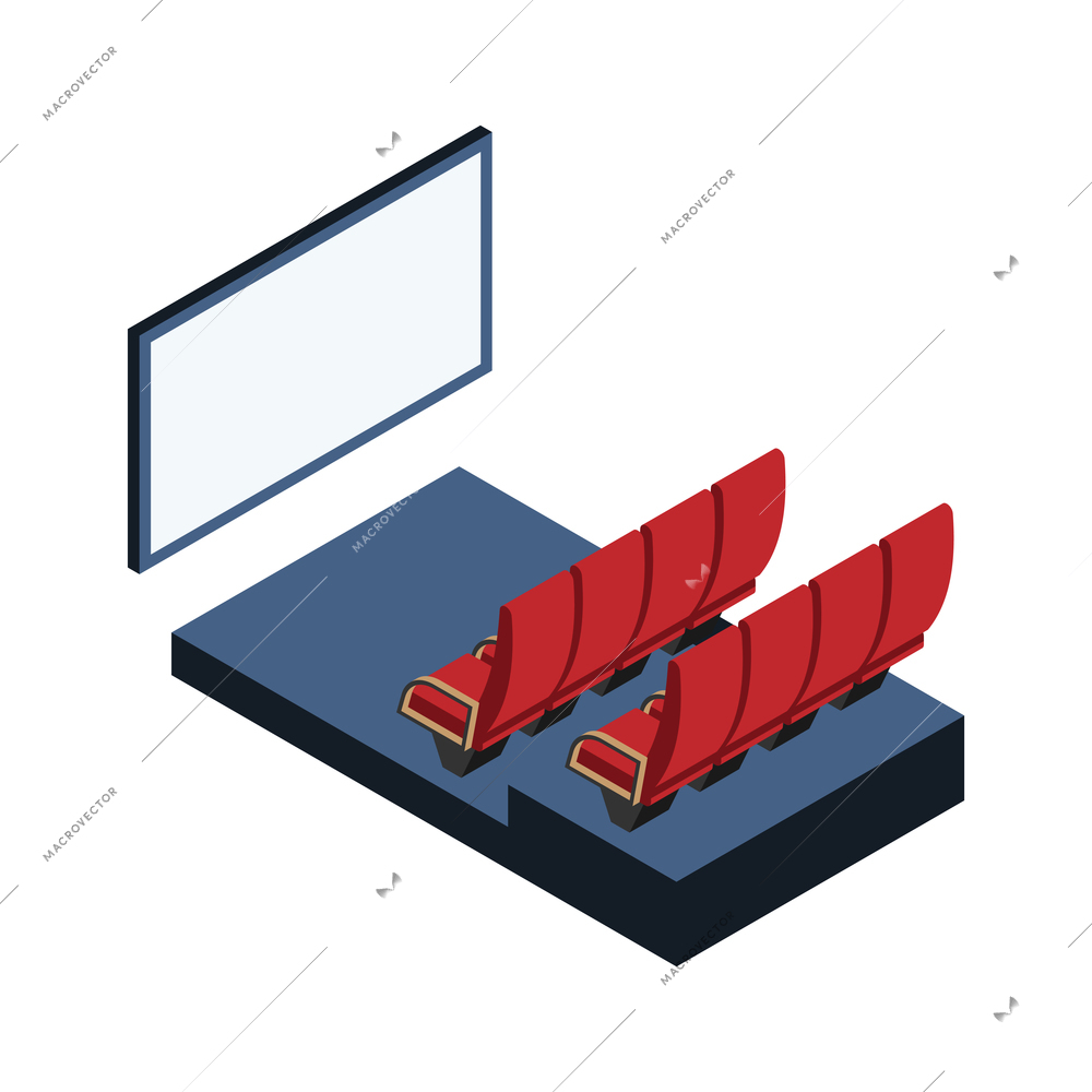 Isometric cinema hall with empty red seats and screen 3d vector illustration