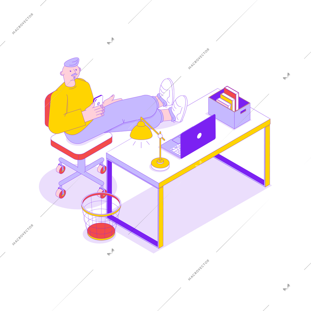 Office worker relaxing with smartphone at his work place isometric icon vector illustration