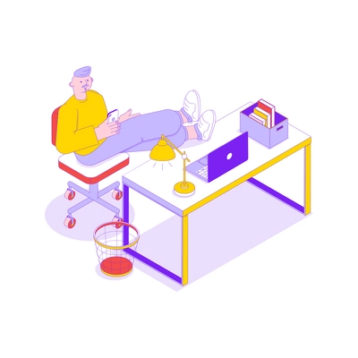 Office worker relaxing with smartphone at his work place isometric icon vector illustration