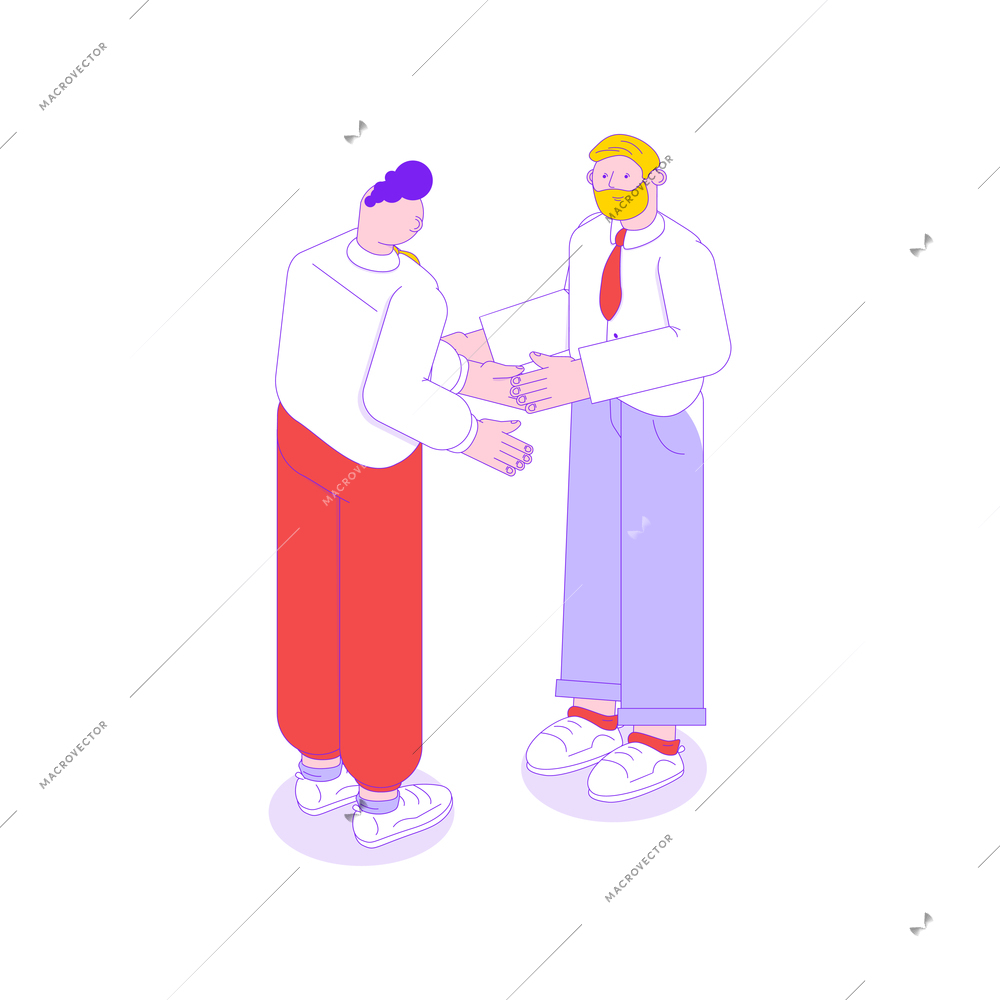 Isometric colorful icon with two business people greeting each other 3d vector illustration