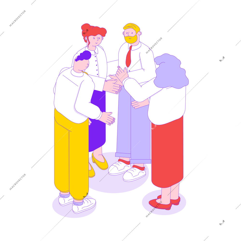 Business team work collaboration isometric icon with four office workers standing together vector illustration