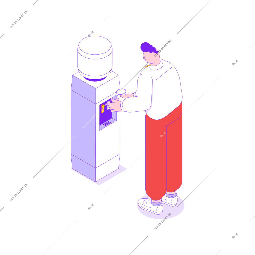 Isometric icon with office worker drinking water from cooler 3d vector illustration