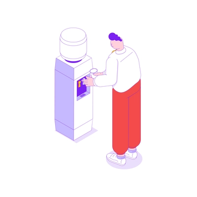 Isometric icon with office worker drinking water from cooler 3d vector illustration