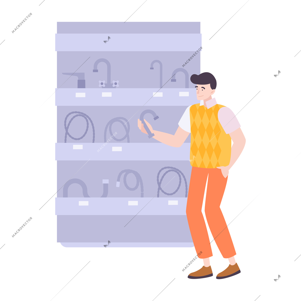 Man choosing tap at plumbing shop flat vector illustration