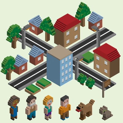 Video game isometric city with cartoon pixel characters icons set isolated vector illustration