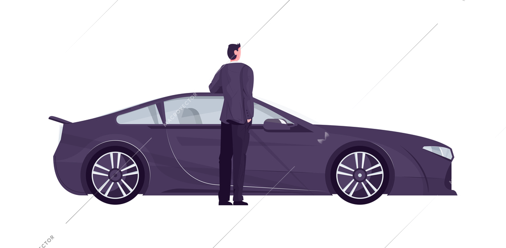 Flat icon with rich man in suit back view and his luxurious car vector illustration