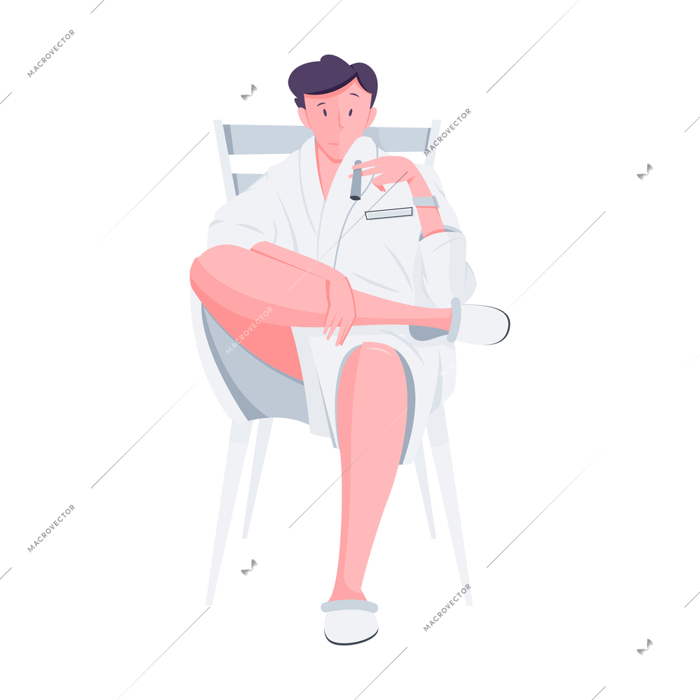 Rich man in bathrobe smoking cigar flat vector illustration