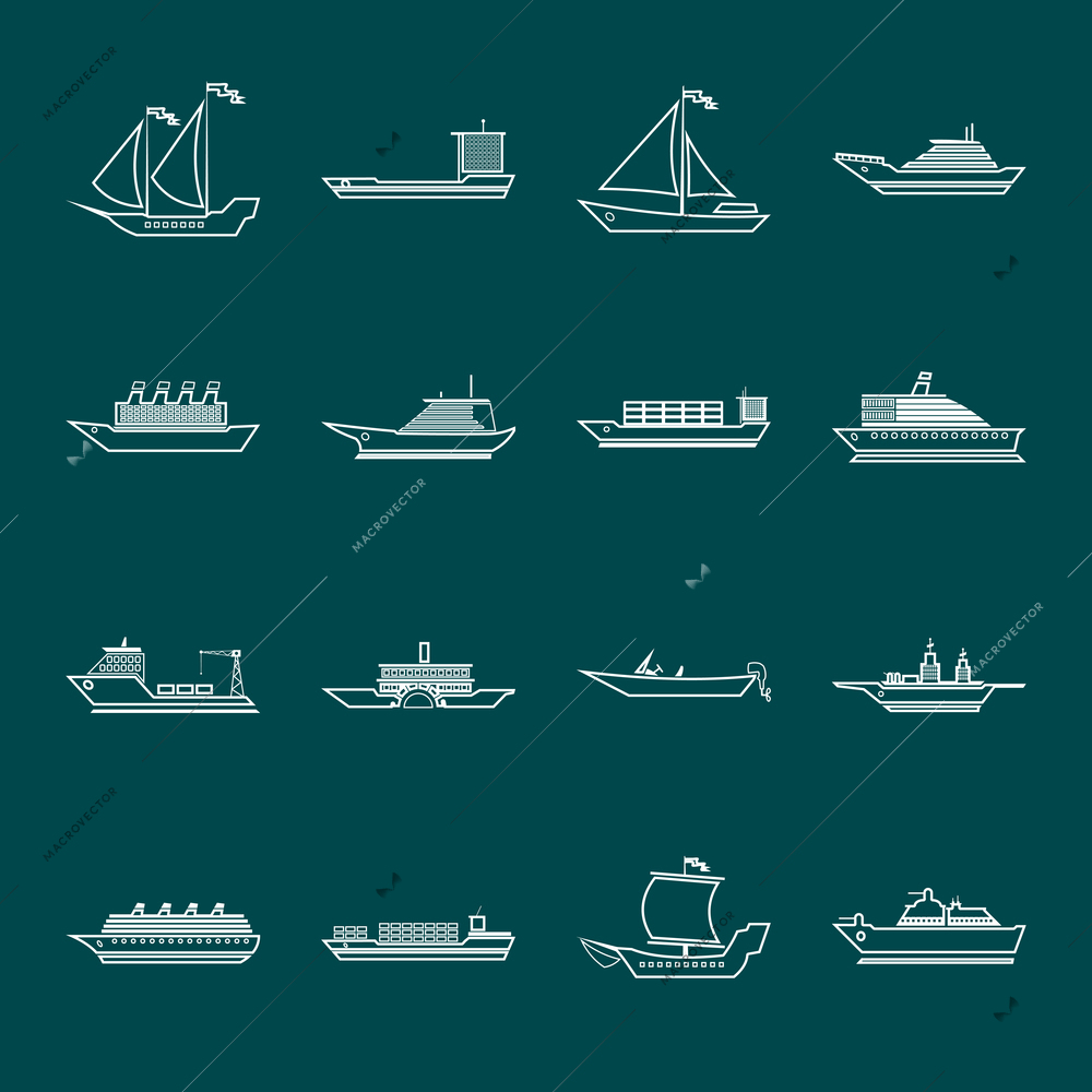 Ship sailing yachts and transportation boats outline silhouette icons set isolated vector illustration