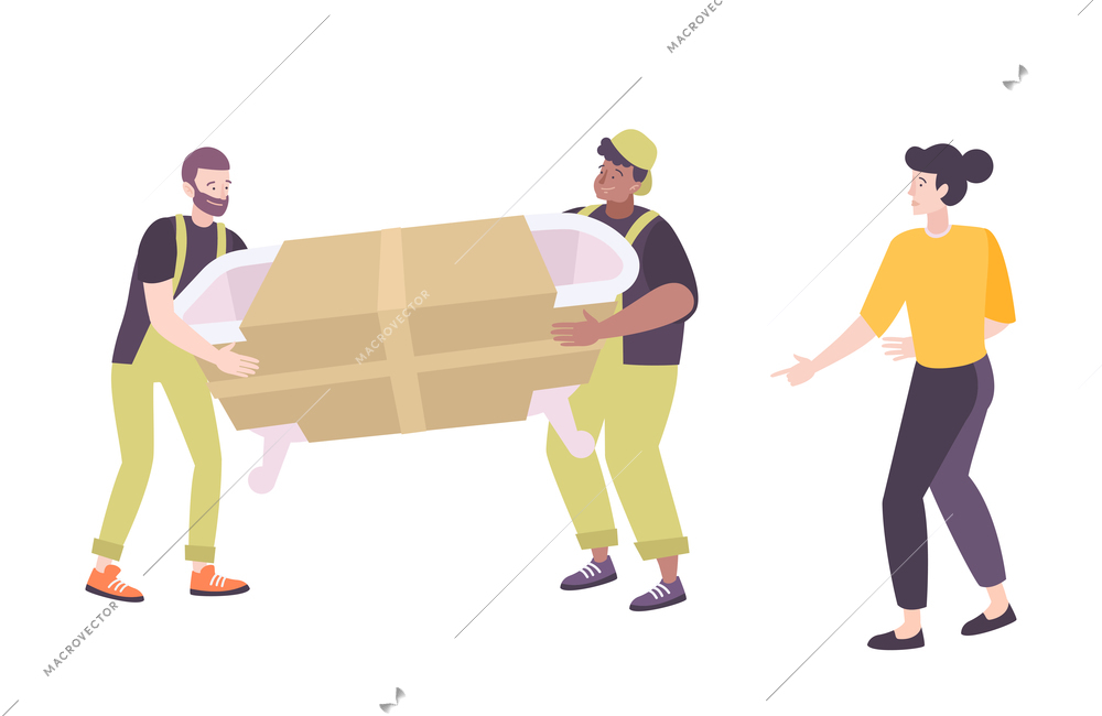 Plumbing shop flat composition with female customer and two workers carrying new bathtub isolated vector illustration