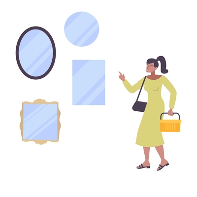 Woman with shopping basket choosing mirror at furniture store flat isolated vector illustration