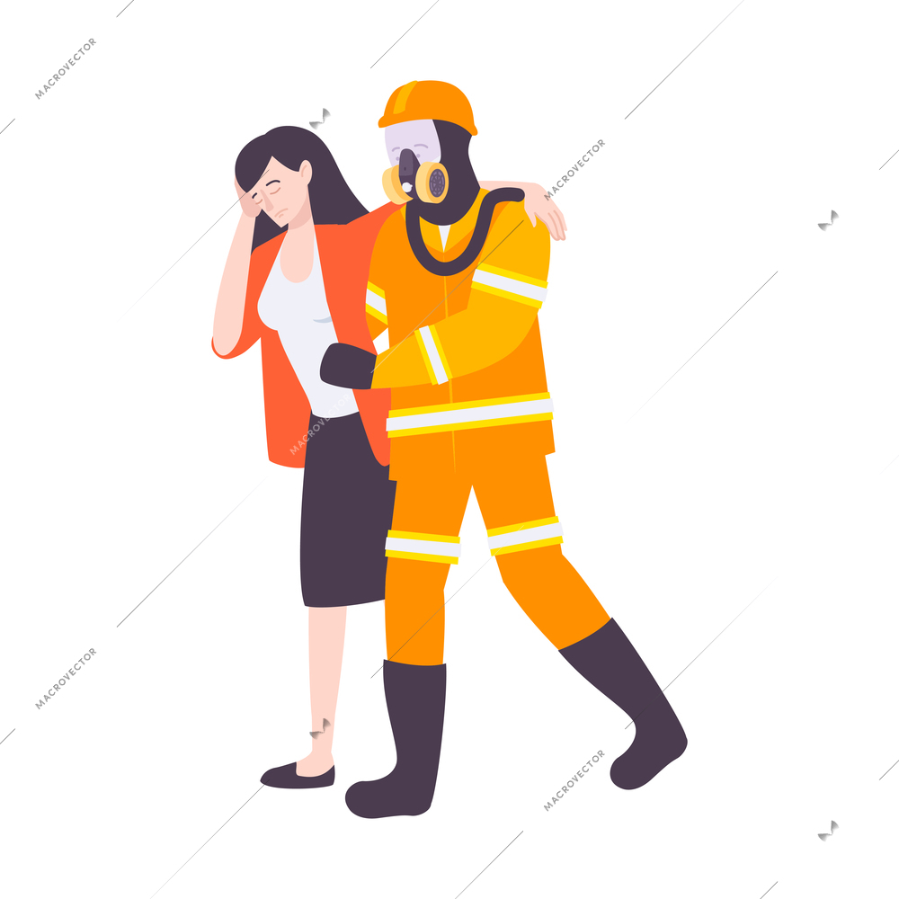 Flat icon with firefighter giving first aid to woman feeling bad after fire vector illustration