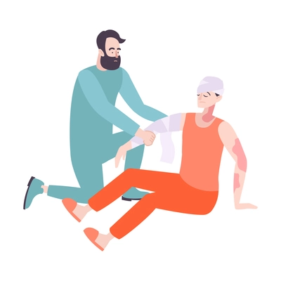 Doctor with bandages giving first aid to sunburnt man flat vector illustration