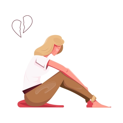 Sad woman sitting on floor after breakup with image of broken heart flat vector illustration