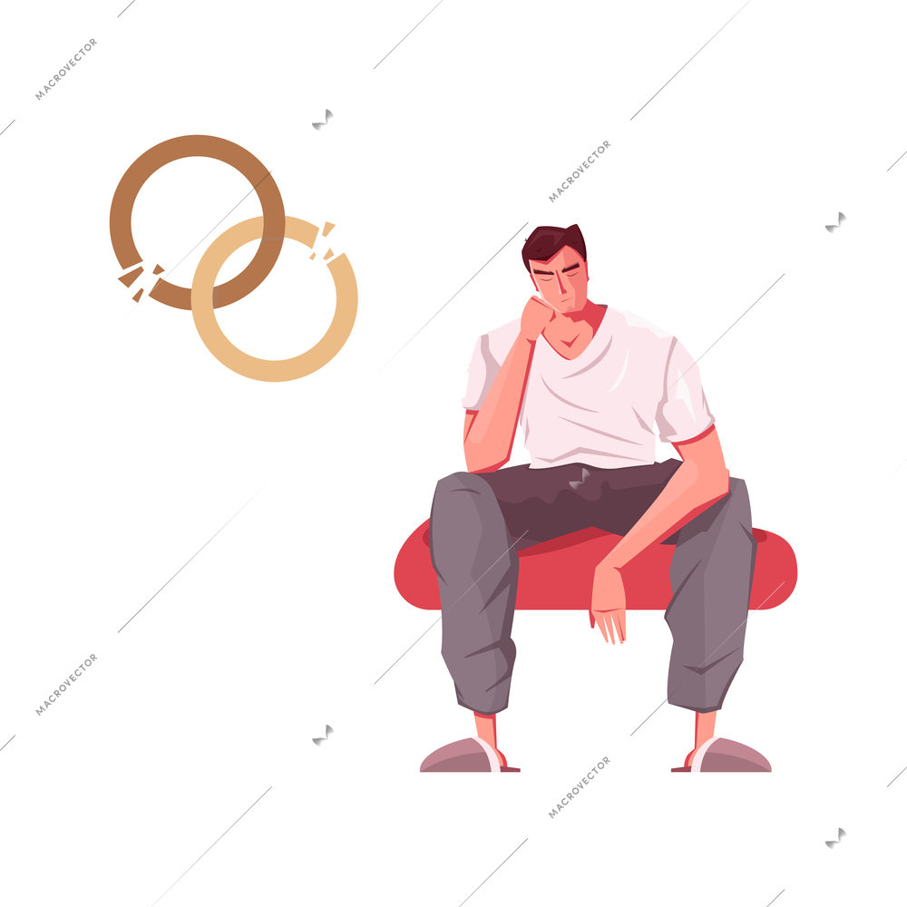 Depressed man after divorce flat icon with image of cracked wedding rings vector illustration