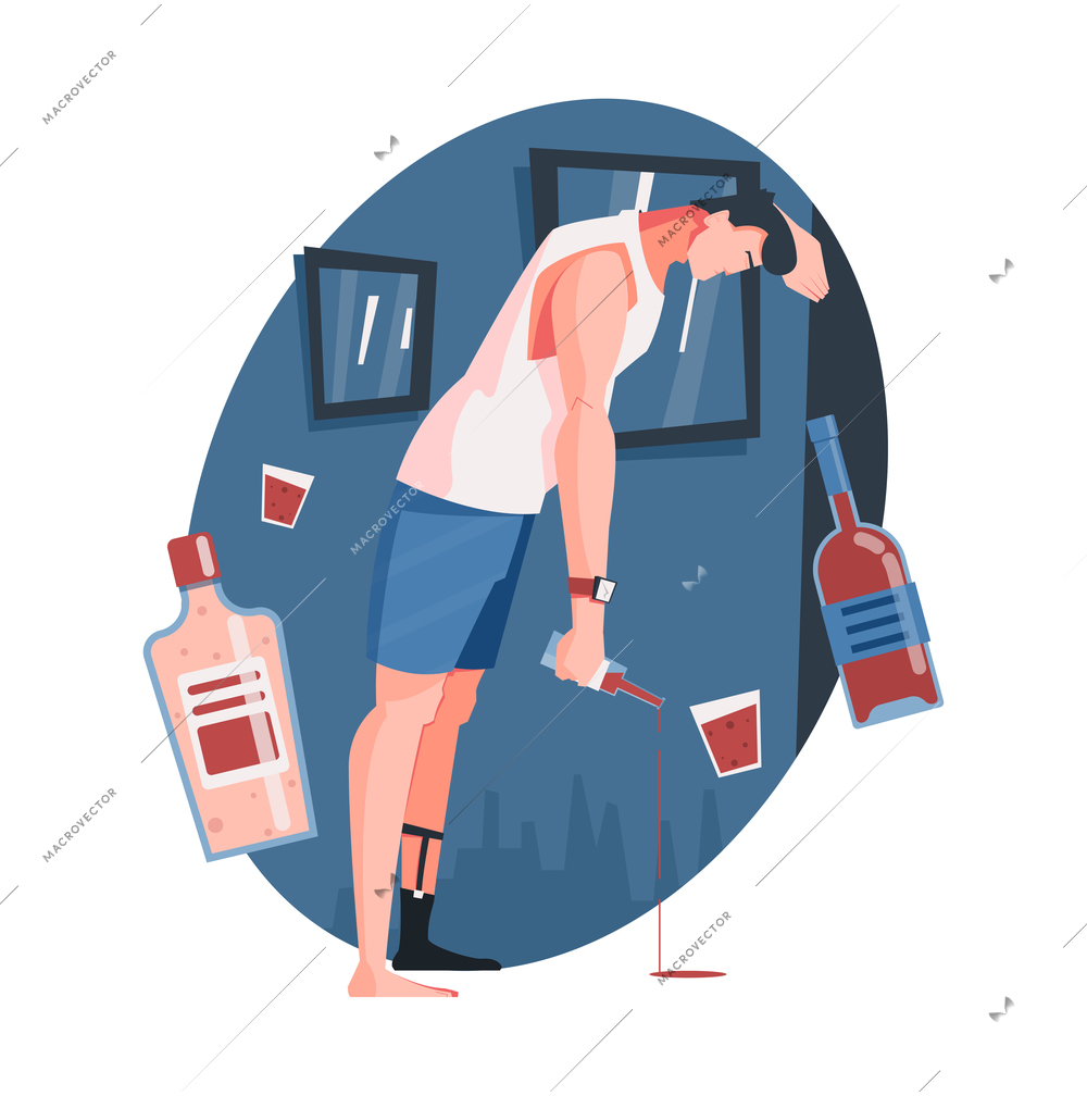 Addiction flat composition with man suffering from alcoholism and bottles vector illustration