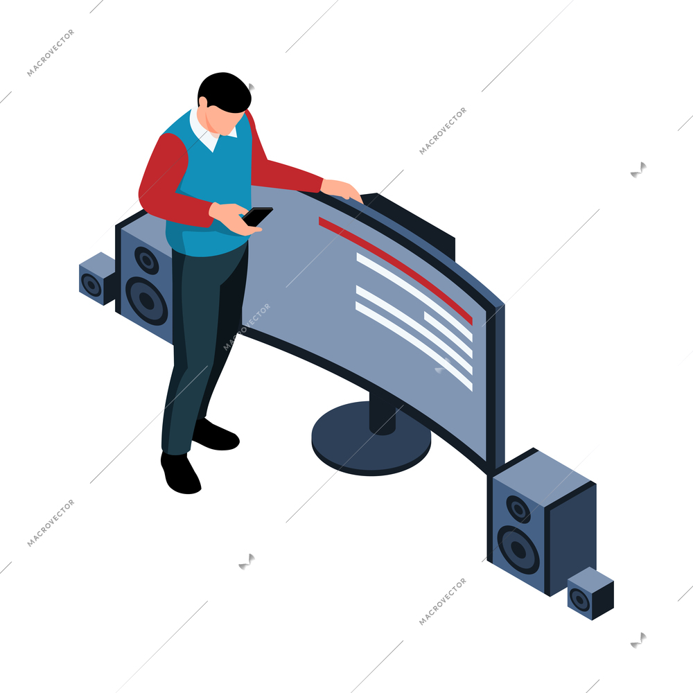 Isometric icon with home theater and character holding remote control 3d vector illustration