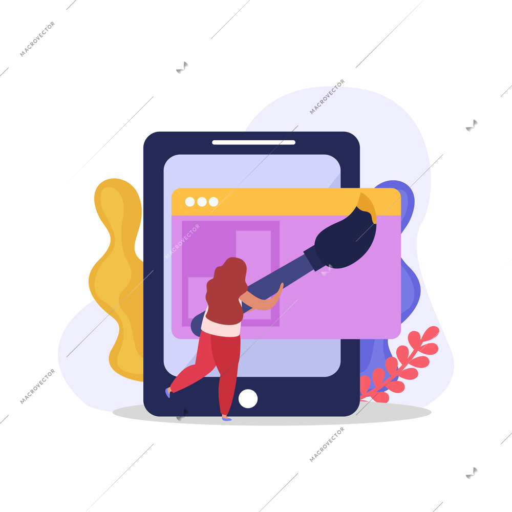 Flat composition with character of web designer holding brush and electronic device vector illustration