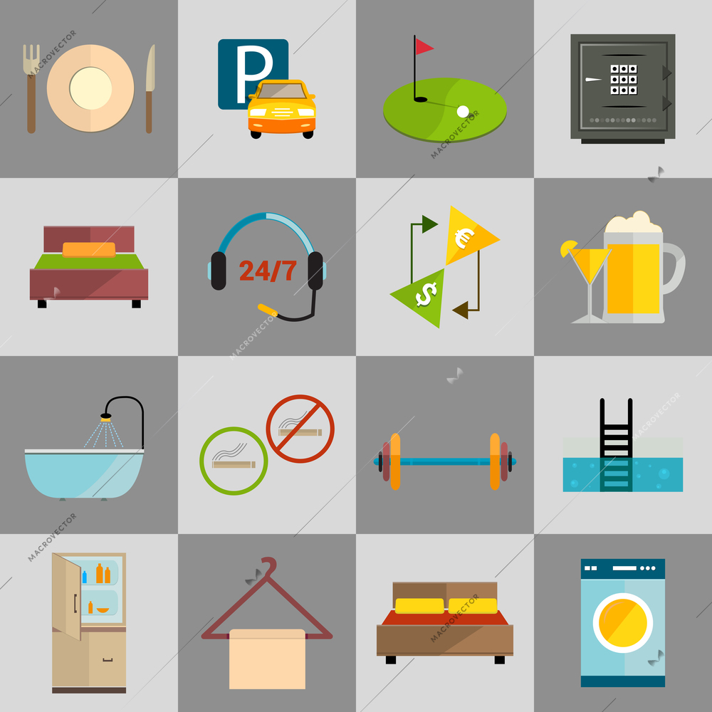 Hotel amenities and room service icons of golf spa massage and bell isolated vector illustration.