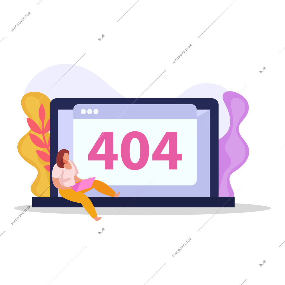 Computer user and laptop screen with 404 error page flat vector illustration