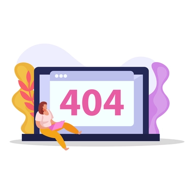 Computer user and laptop screen with 404 error page flat vector illustration